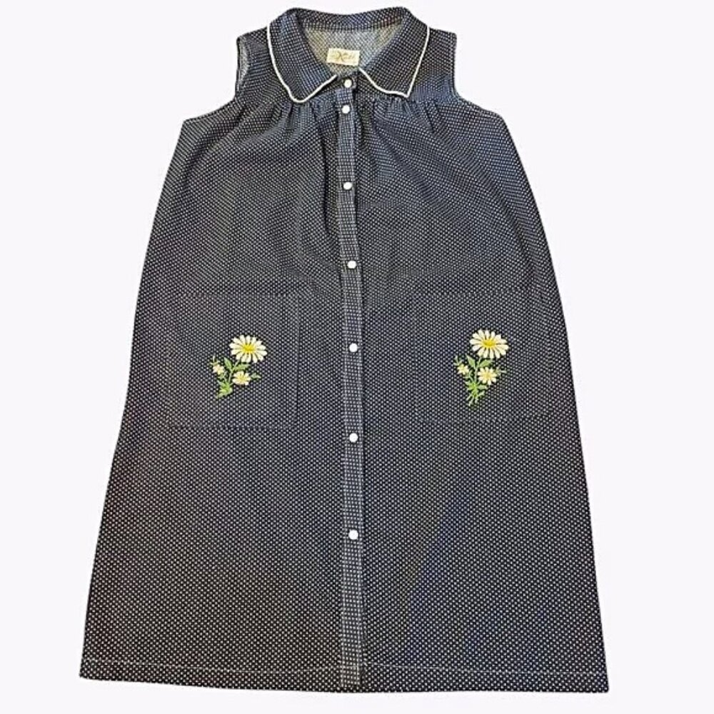 Vintage Polka Dot Embroidered Dress Katz Floral House Smock Snap Button Collar